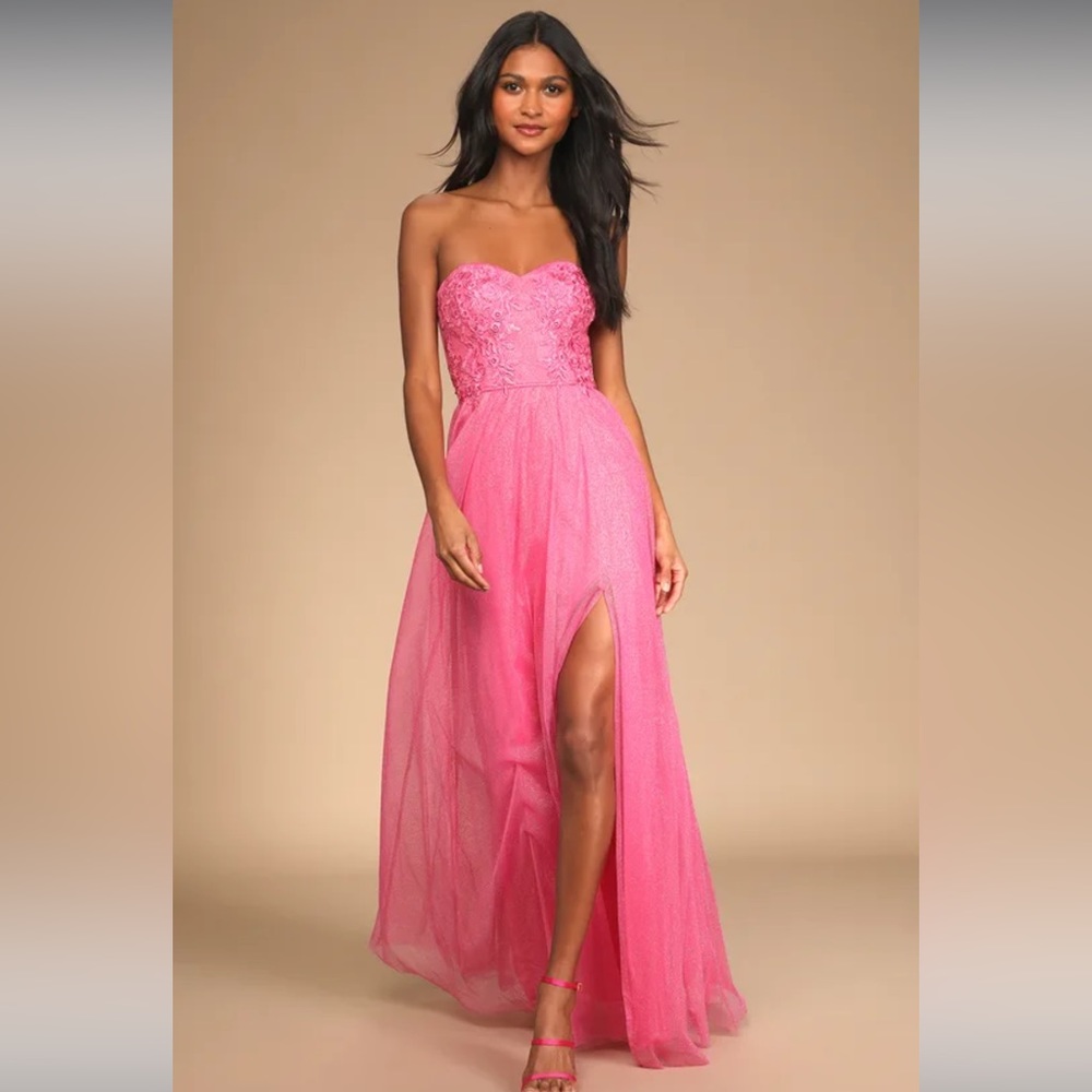 Lulu’s Midnight Dreamer Pink Embroidered Strapless Maxi Dress